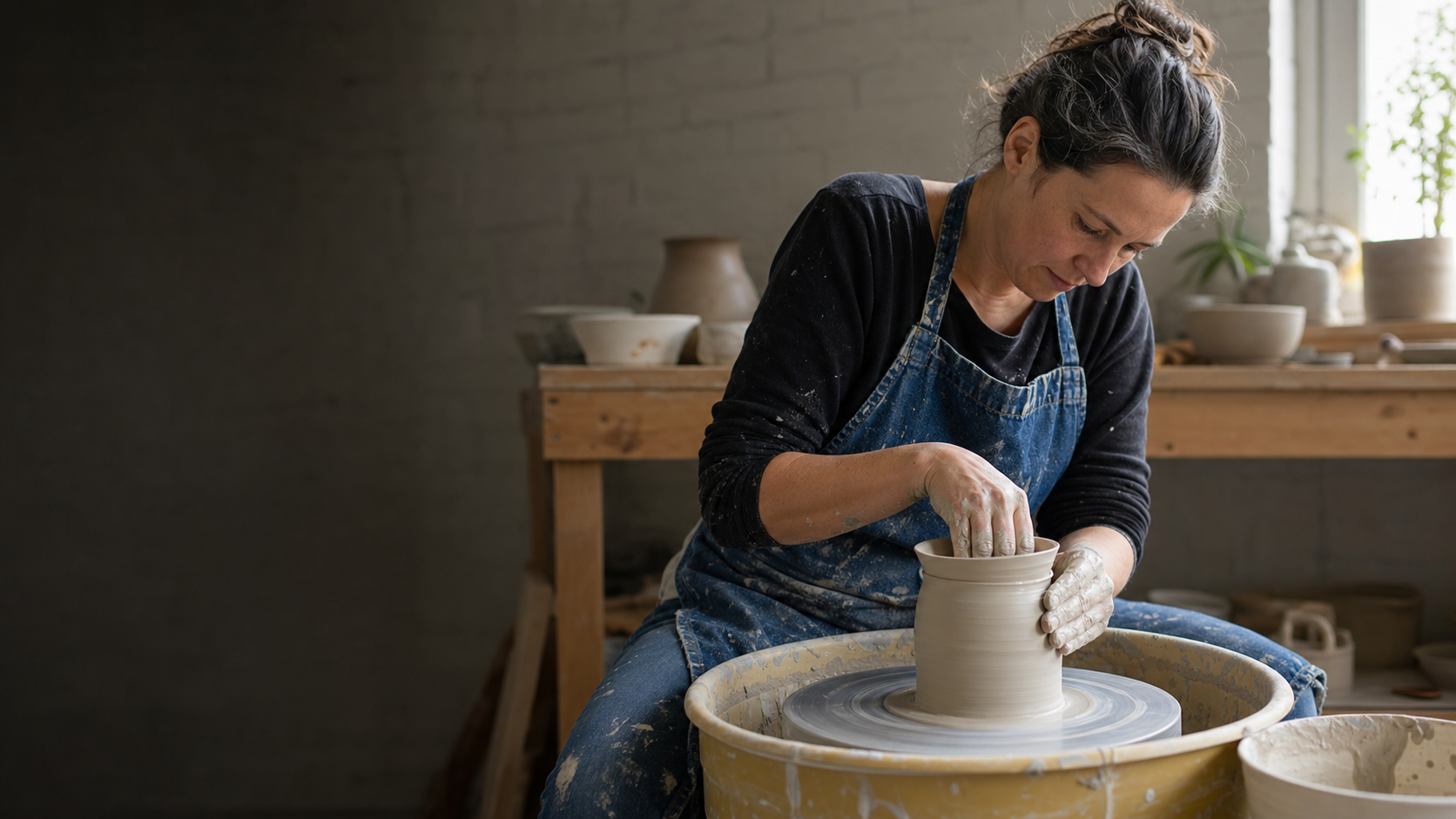 Adult shaping clay on a pottery wheel at SparkPreneurs