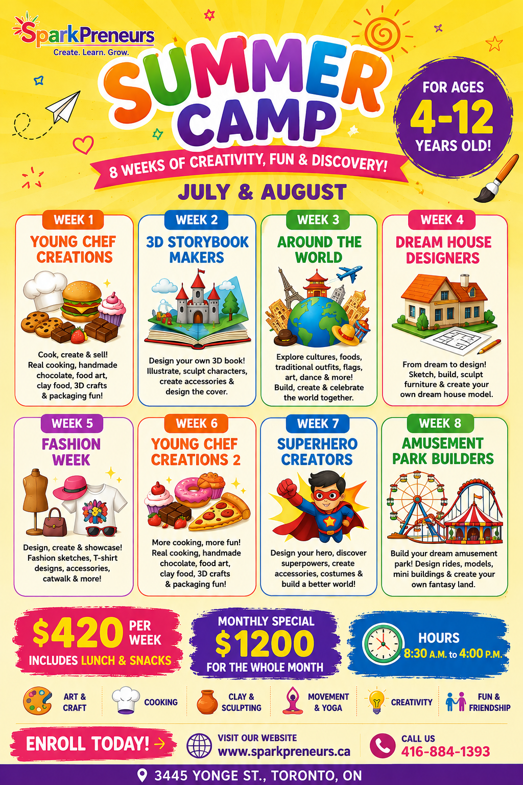 SparkPreneurs Summer Camp flyer for ages 4 to 10